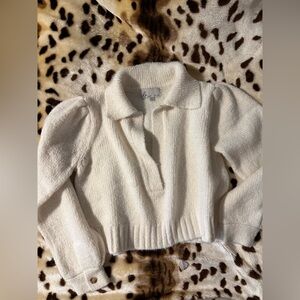 dh NEW YORK Cream Collared V-Neck Puff Sleeve Sweater